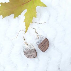 Handmade Walnut & Clear Resin Hook Earrings Tear Drop Hypo-Allergenic Gold Tone